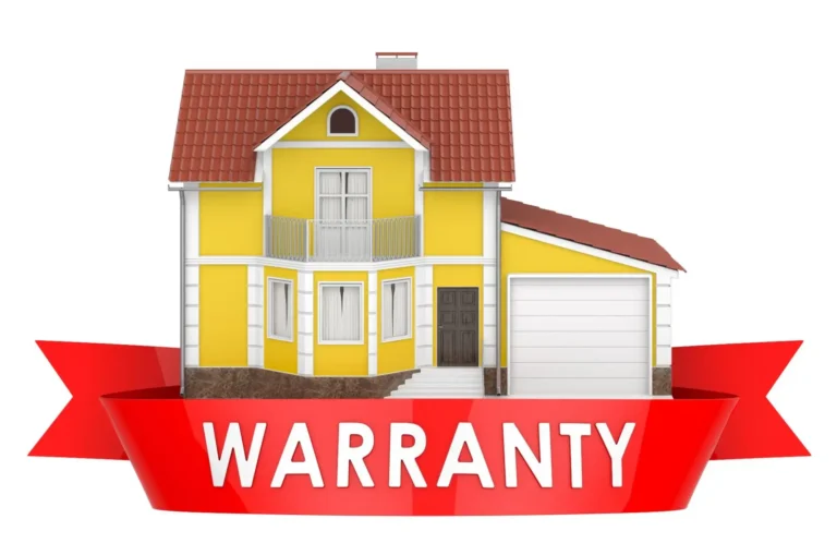 Illustration of a yellow house with a red roof and a white garage, positioned above a large red ribbon displaying the word WARRANTY in bold white letters.