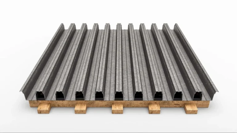 A stack of corrugated metal roofing sheets placed on a wooden pallet, viewed from the front against a white background.