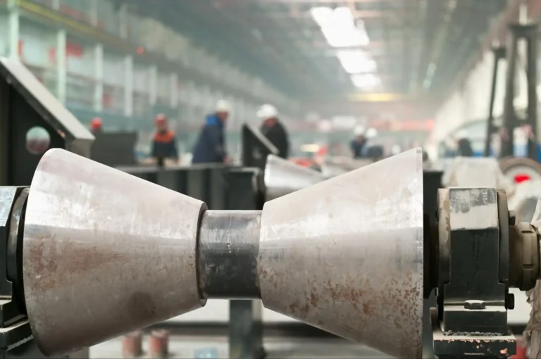 Large industrial metal rollers in the foreground of a factory, with workers in helmets and uniforms blurred in the background, and a spacious, well-lit production area.
