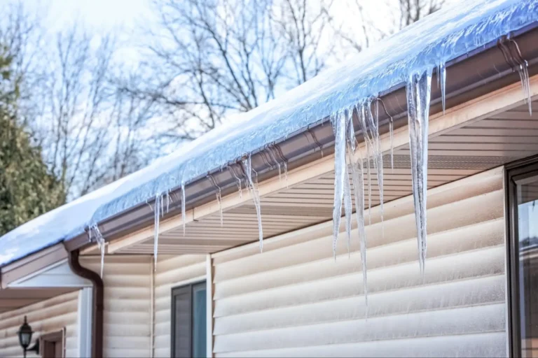 Large icicles hang from the snowy edge of a house roof on a sunny winter day, with bare trees visible in the background.