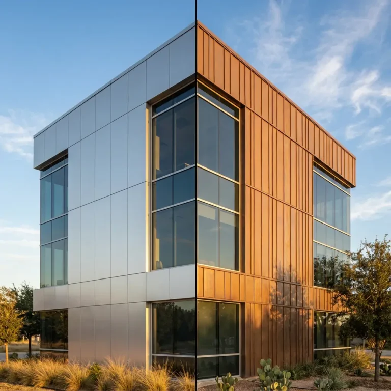 A modern building split down the middle, with one half clad in reflective silver panels and the other half in warm copper panels, both featuring large glass windows and surrounded by landscaping.