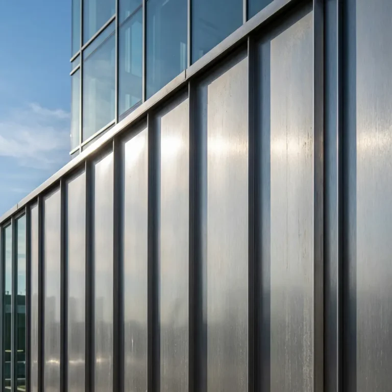 Close-up of a modern building facade with tall, vertical metal panels reflecting sunlight, and glass windows at the top left corner against a partly cloudy sky.
