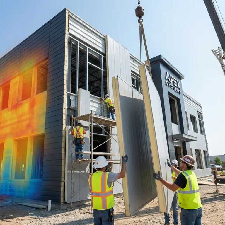 Construction workers in safety gear guide a large wall panel being lifted by a crane at a modern building site labeled APEX SYSTEMS. Some workers stand on scaffolding; a rainbow flare appears on the left side of the image.