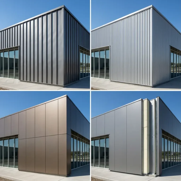 A collage of four modern building corners, each with a different metal exterior finish: dark ribbed, silver ribbed, bronze smooth panels, and silver smooth panels, all under a clear blue sky.
