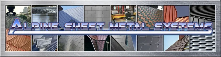 Banner for Alpine Sheet Metal Systems featuring various metal roofing styles and textures in separate panels, with the company name displayed in large metallic blue letters across the center.