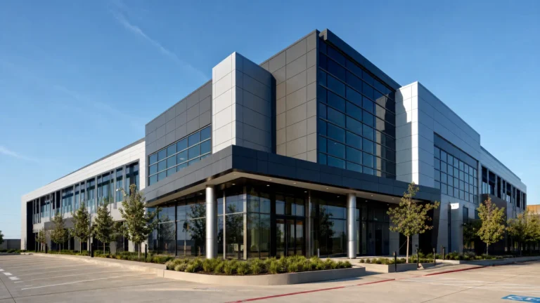 A modern, two-story office building with large glass windows, metal panels, and clean architectural lines. The entrance is surrounded by landscaped greenery and a mostly empty parking lot on a sunny day.