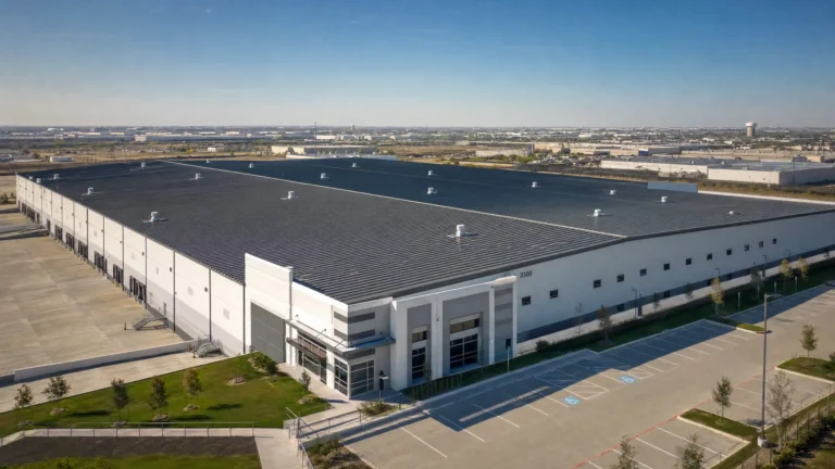 A large, modern warehouse with a flat roof and white exterior sits in an industrial area, surrounded by empty parking spaces and landscaped greenery under a clear blue sky.