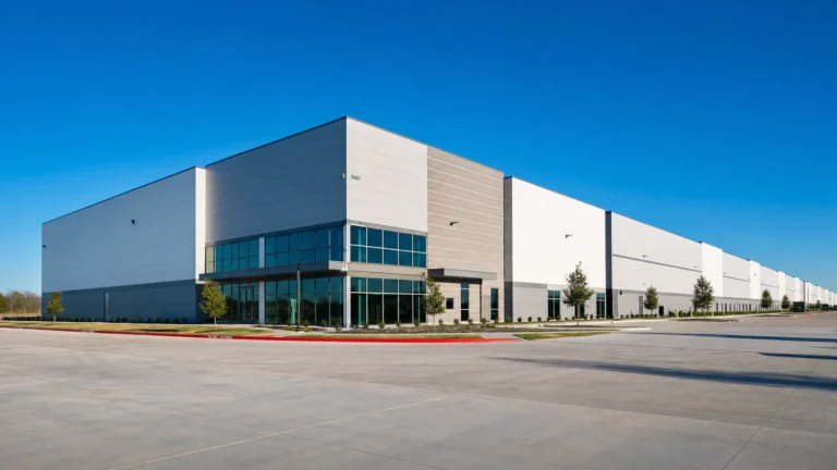 A large, modern warehouse building with white and gray exterior walls, glass entrance, and neatly landscaped surroundings under a clear blue sky. The wide driveway and parking area are empty.