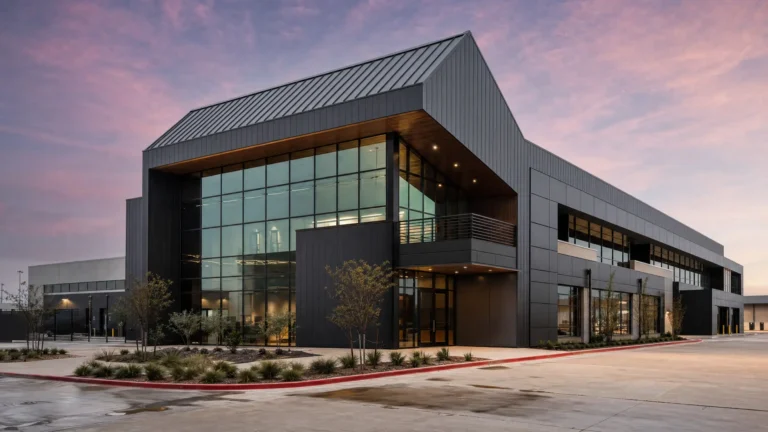 Modern two-story commercial building with large glass windows and dark exterior panels, surrounded by landscaped greenery, under a colorful sunset sky.