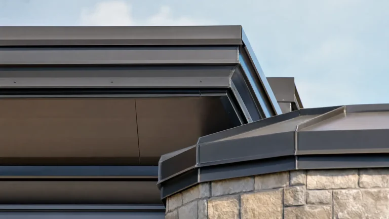 Close-up view of a modern building’s flat roof with dark metal coping and clean lines, alongside a stone wall with similar metal trim, set against a blue sky.